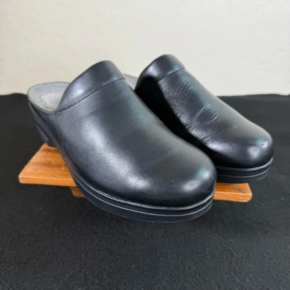Mephisto Satty Clog Black Slip On Full Grain Leather Wedge Mules Size 41 - Picture 3 of 15